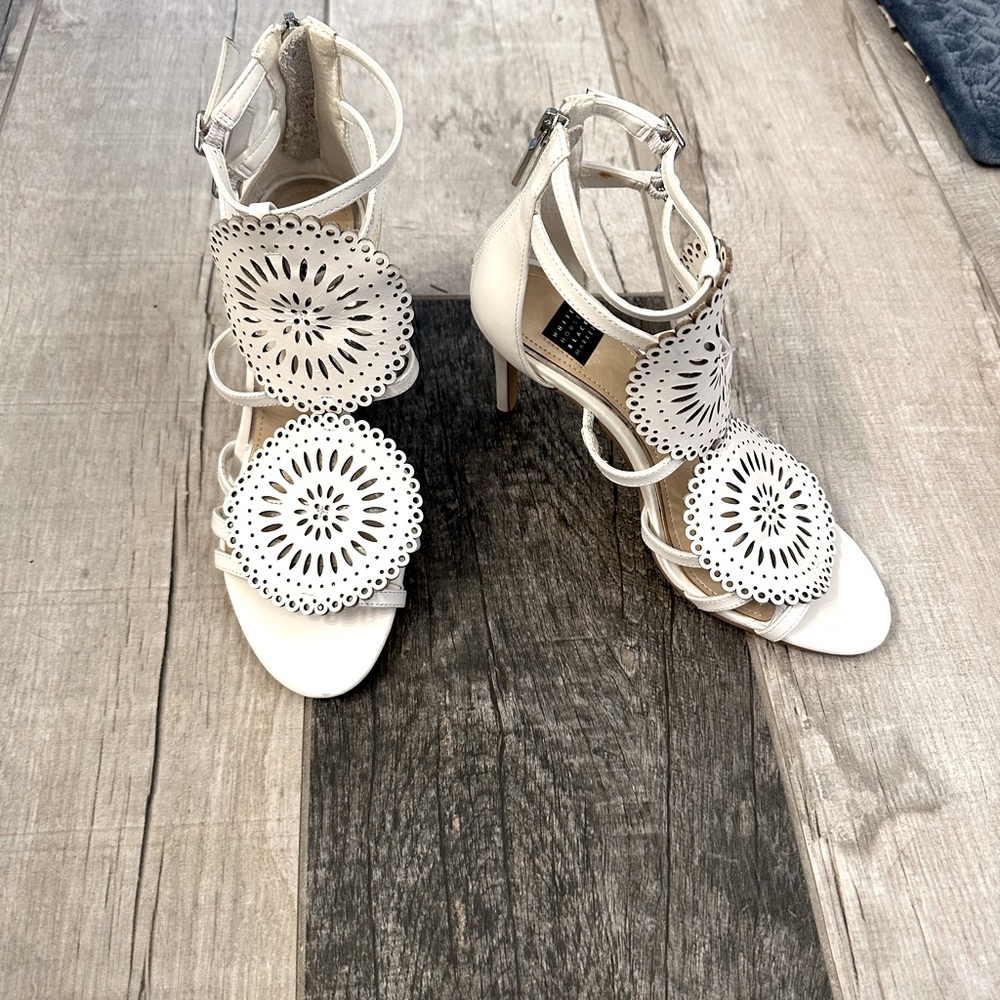 White House Black Market Sexy Leather Cut Out White Heels with Chic Zipper